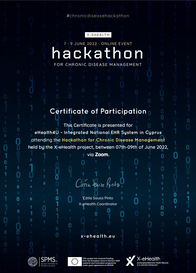 Certificate of Participation to X-eHealth Hackathon for chronic disease management